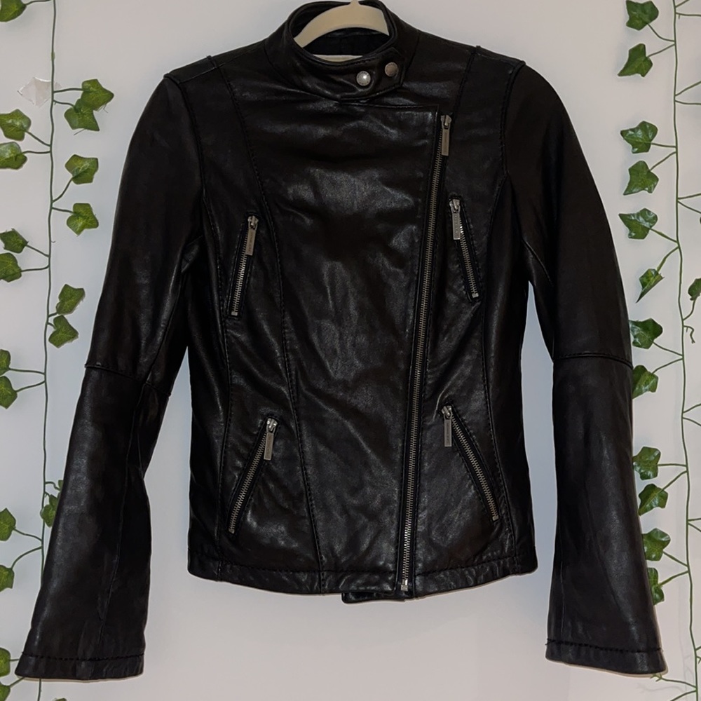 Women's Michael Kors Black Leather Zip Jacket XS - Picture 7 of 16